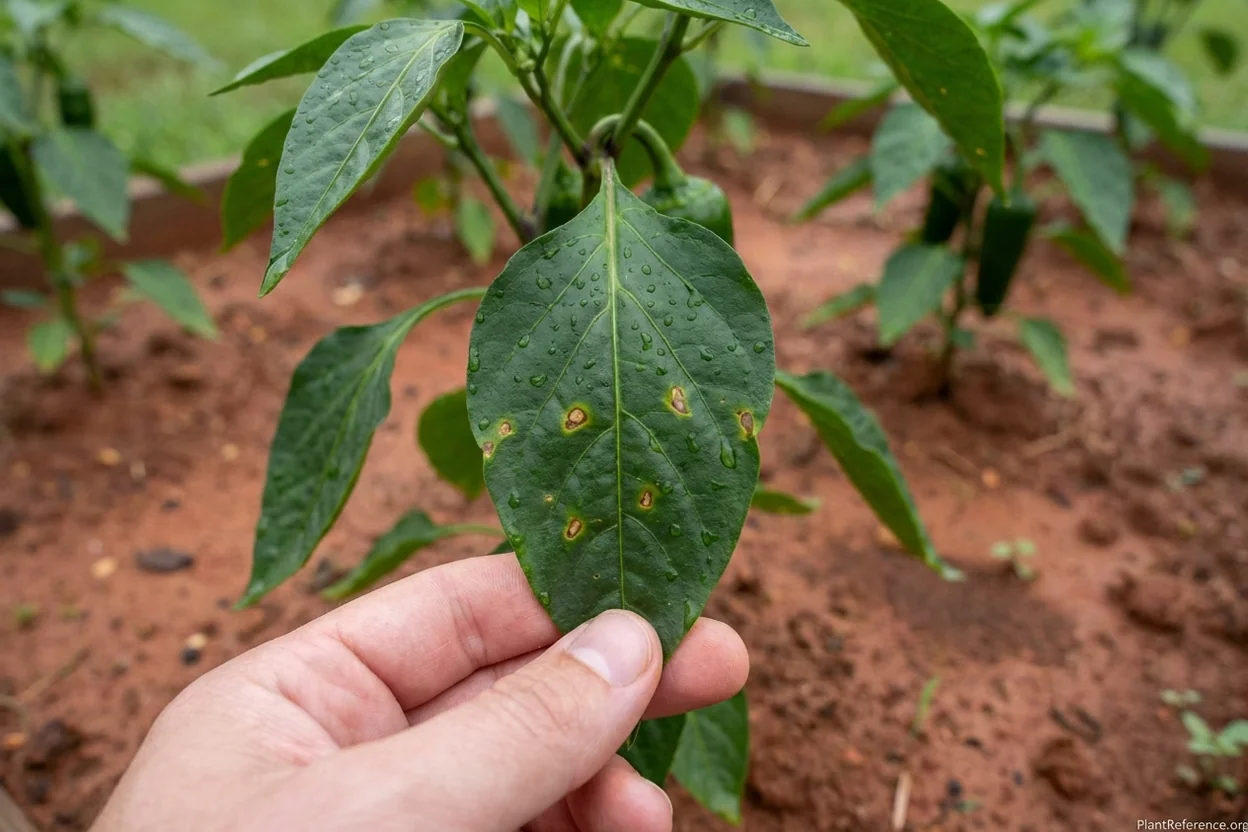 Pepper leaves showing bacterial leaf spot disease symptoms in humid Kansas City climate