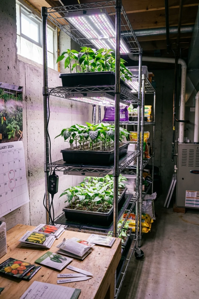 Pepper seedlings started indoors in Kansas City with heat mat and grow lights