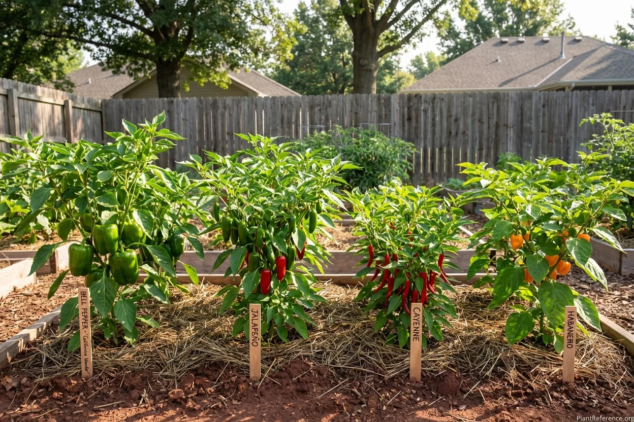 Different pepper varieties including bell peppers, jalapeños, and cayenne growing in Kansas City Zone 6a garden