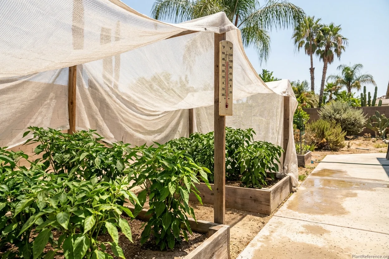Shade cloth protecting pepper plants from intense Los Angeles summer sun