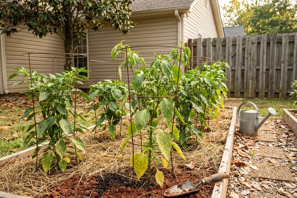 Memphis pepper garden showing proper plant spacing and mulching for Zone 7b