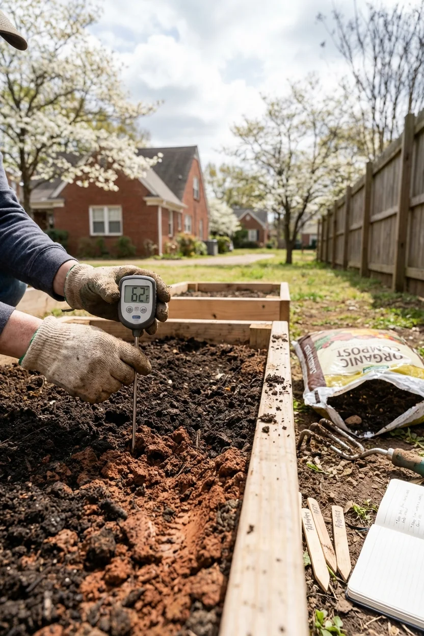 Preparing pepper beds in Memphis Tennessee with soil thermometer reading