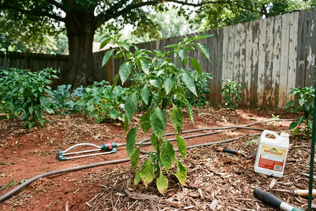 Pepper plant in Memphis Tennessee showing heat stress symptoms