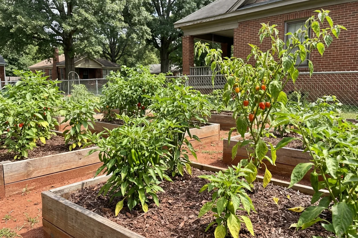 Different pepper varieties growing in Memphis Zone 7b garden showing size variations
