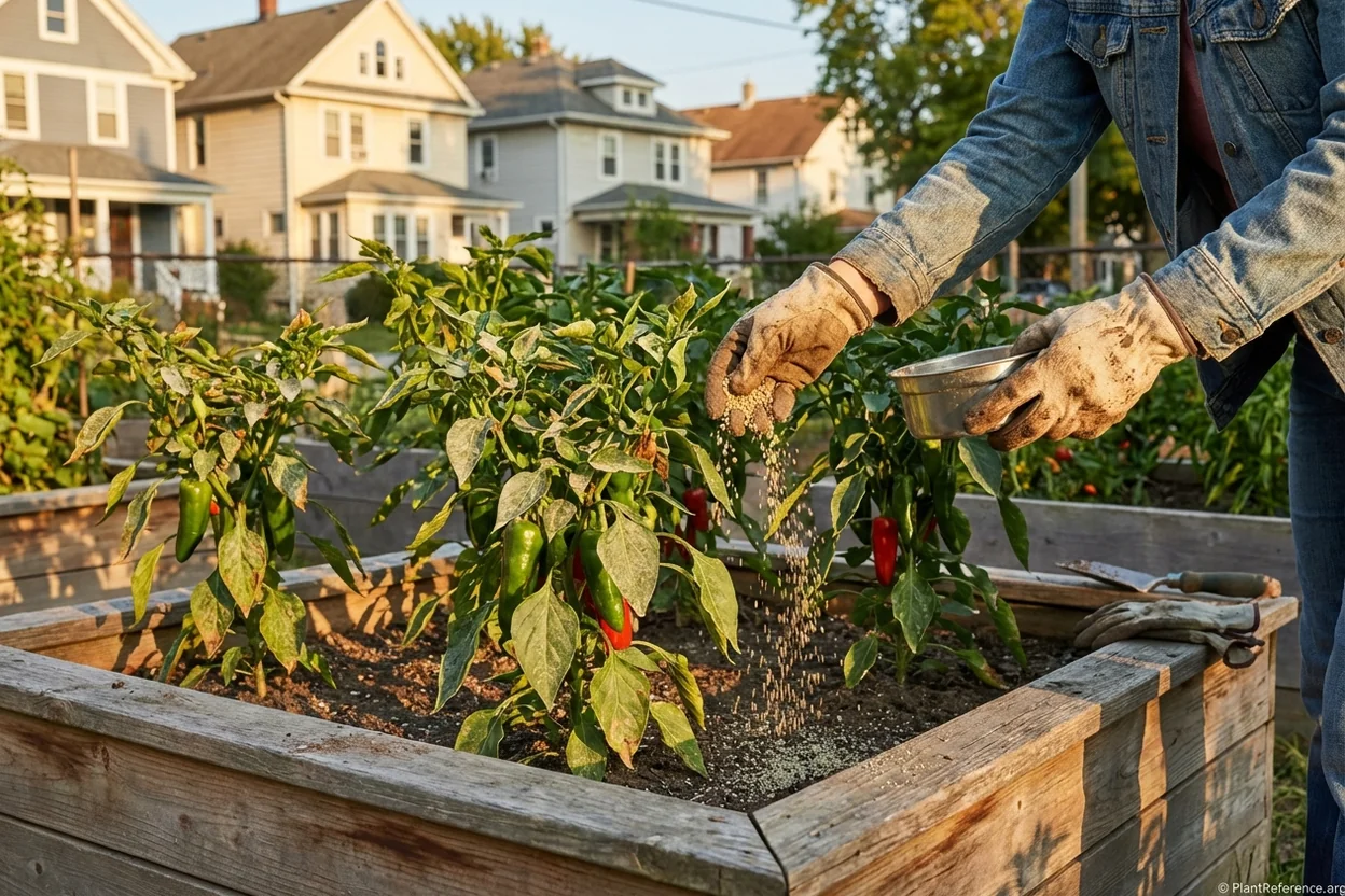 Applying balanced fertilizer to pepper plants in Milwaukee Zone 5b garden