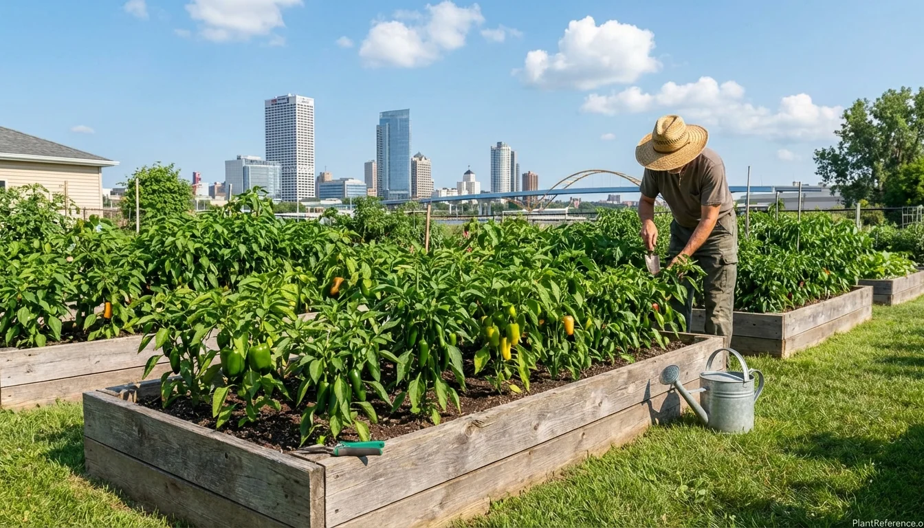 Pepper plants growing in Milwaukee Zone 5b garden with city skyline