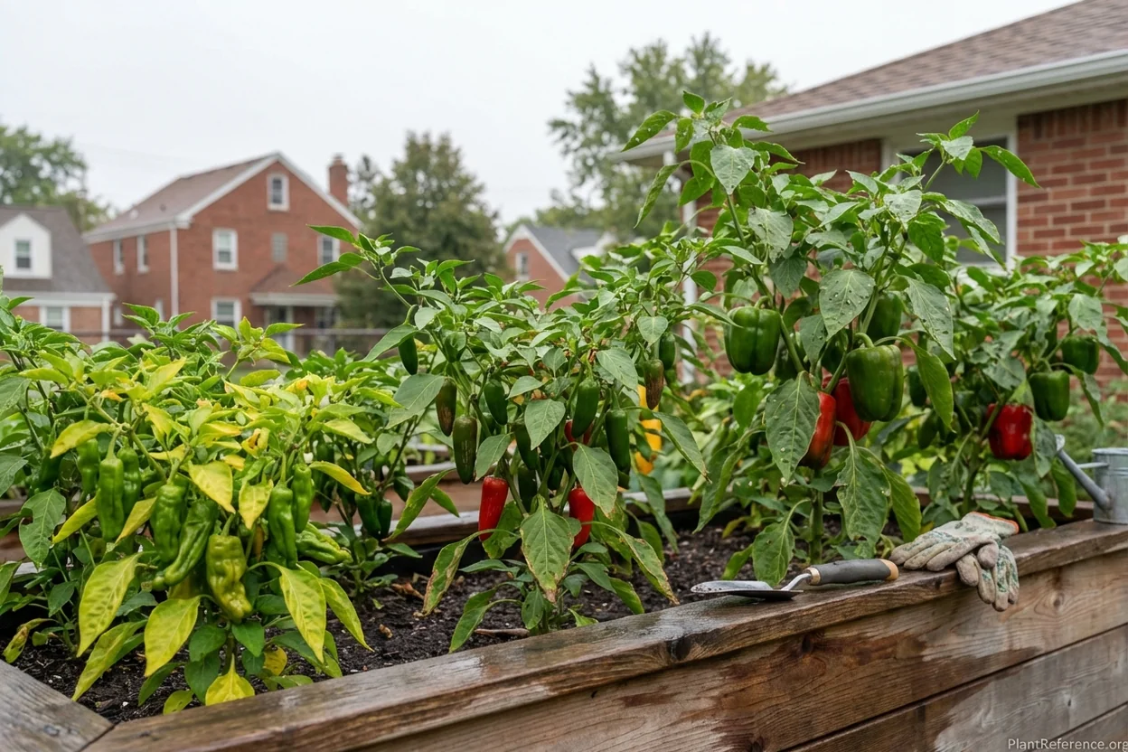 Different pepper varieties growing in Milwaukee Zone 5b garden showing size differences