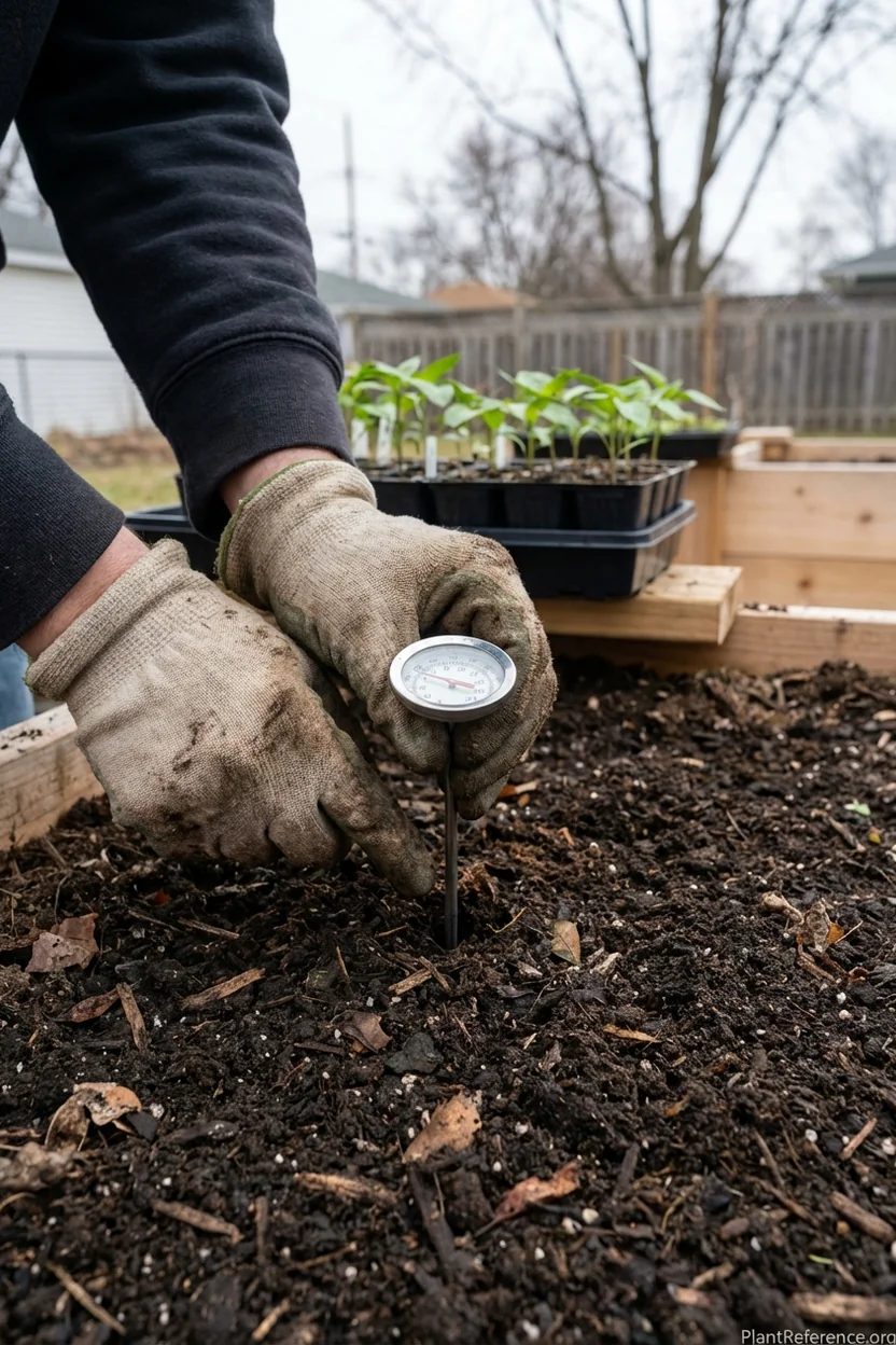 Checking soil temperature before planting peppers in Milwaukee Zone 5b
