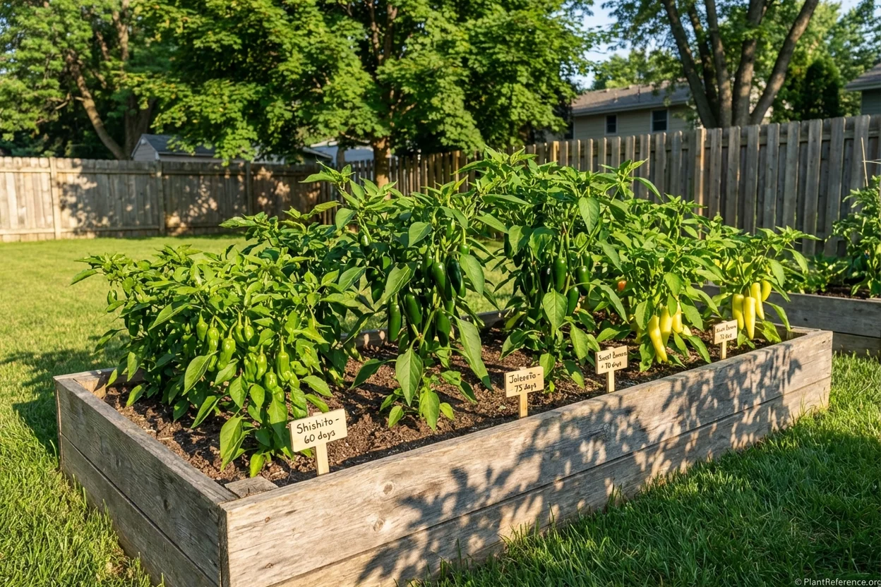 Different pepper varieties growing in Minneapolis garden beds showing growth differences in Zone 4a