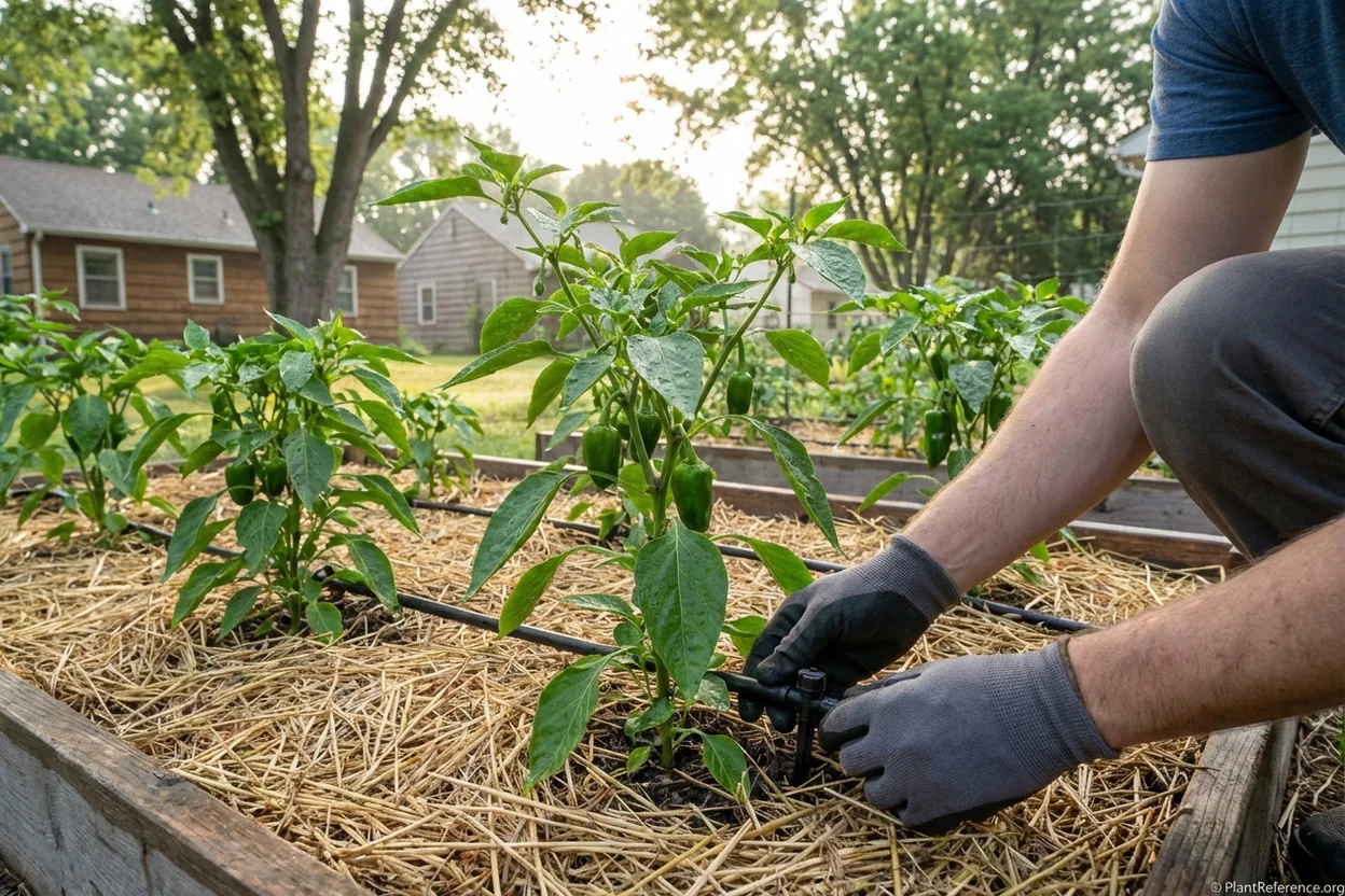 Drip irrigation system watering peppers in Minneapolis garden for Zone 4a growing