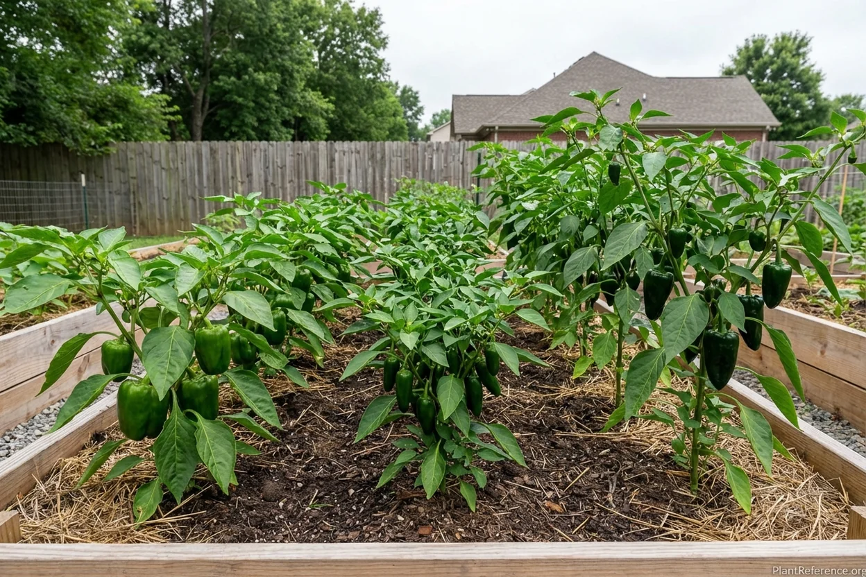 Different pepper varieties growing in Nashville Zone 7a garden showing California Wonder Jalapeño Poblano