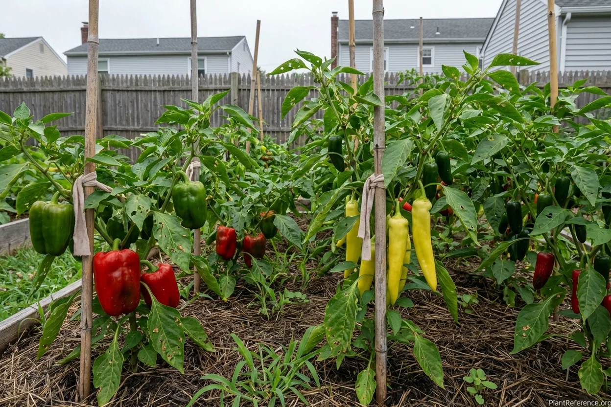 Well-supported pepper plants in mid-summer New York garden showing proper staking techniques and healthy fruit development