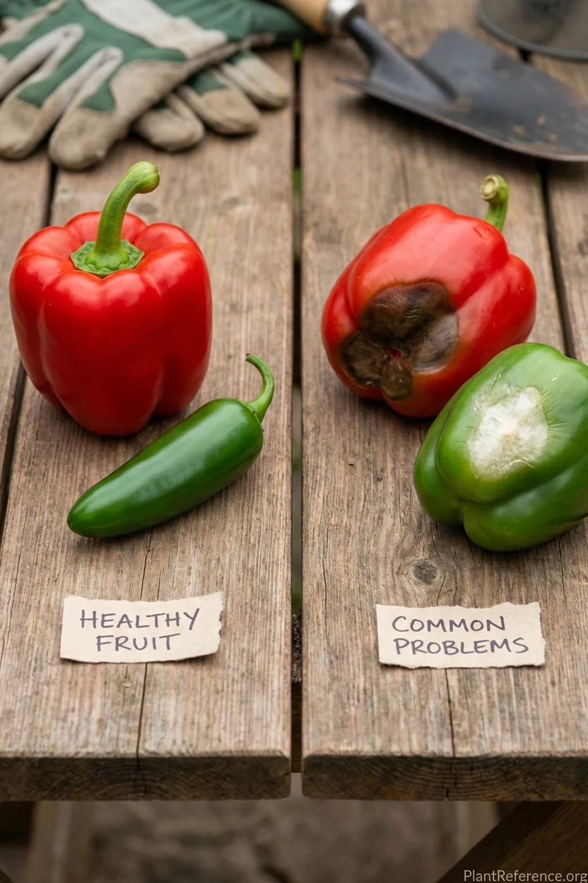Side-by-side comparison of healthy peppers and common problems like blossom end rot and sunscald for New York gardeners