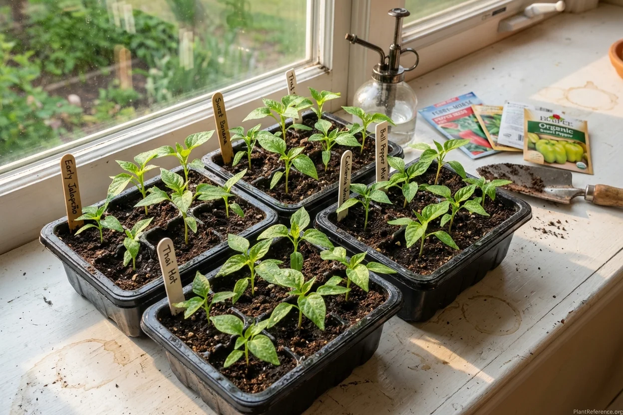Healthy pepper seedlings in containers labeled with New York-recommended varieties like Early Jalapeño and Sweet Banana