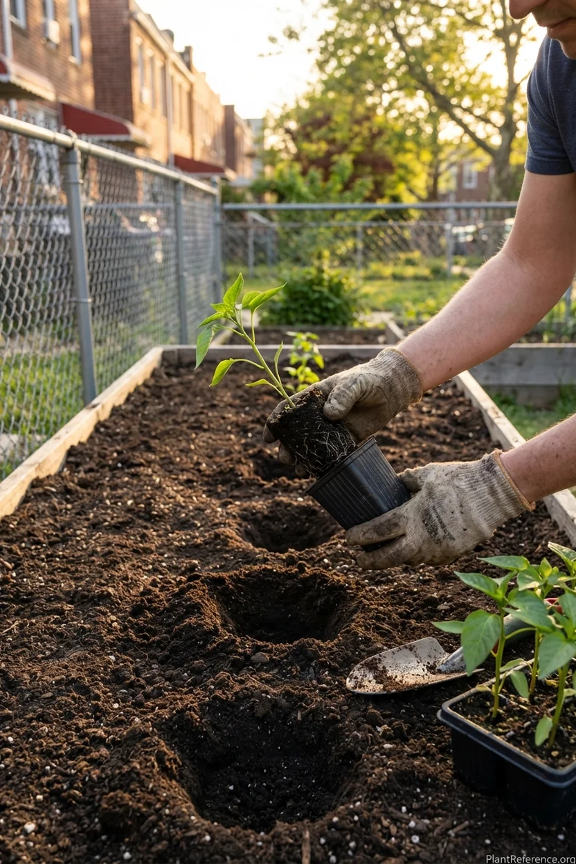 Pepper seedlings being transplanted into prepared garden bed in New York with proper spacing for Zone 7a growing conditions