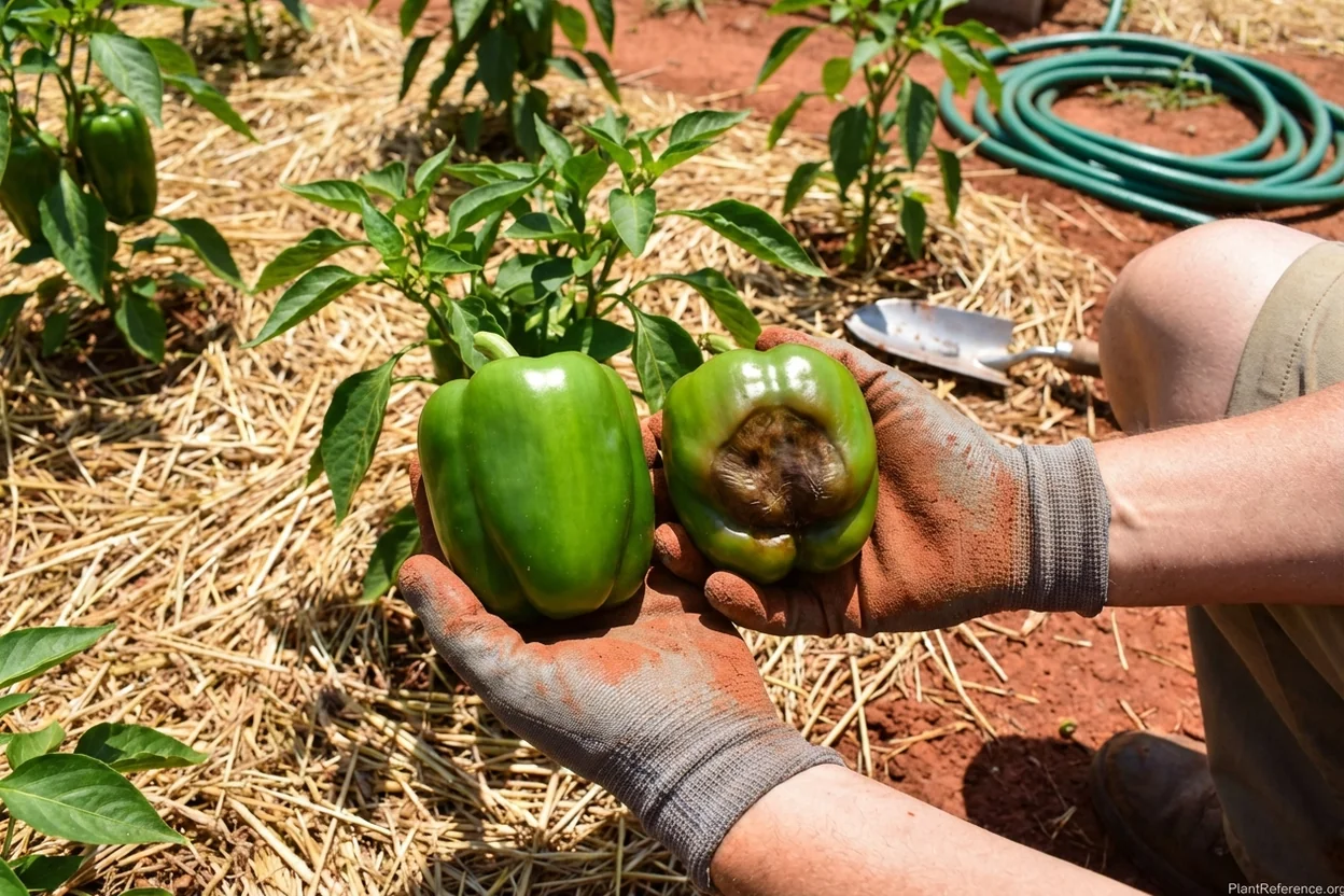 Pepper showing blossom end rot symptoms compared to healthy fruit in Oklahoma City garden