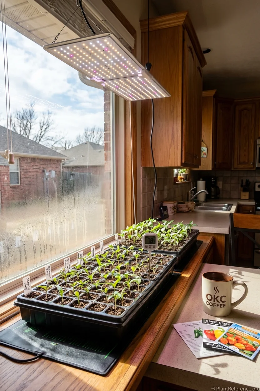 Pepper seedlings growing indoors in Oklahoma City during February seed starting period