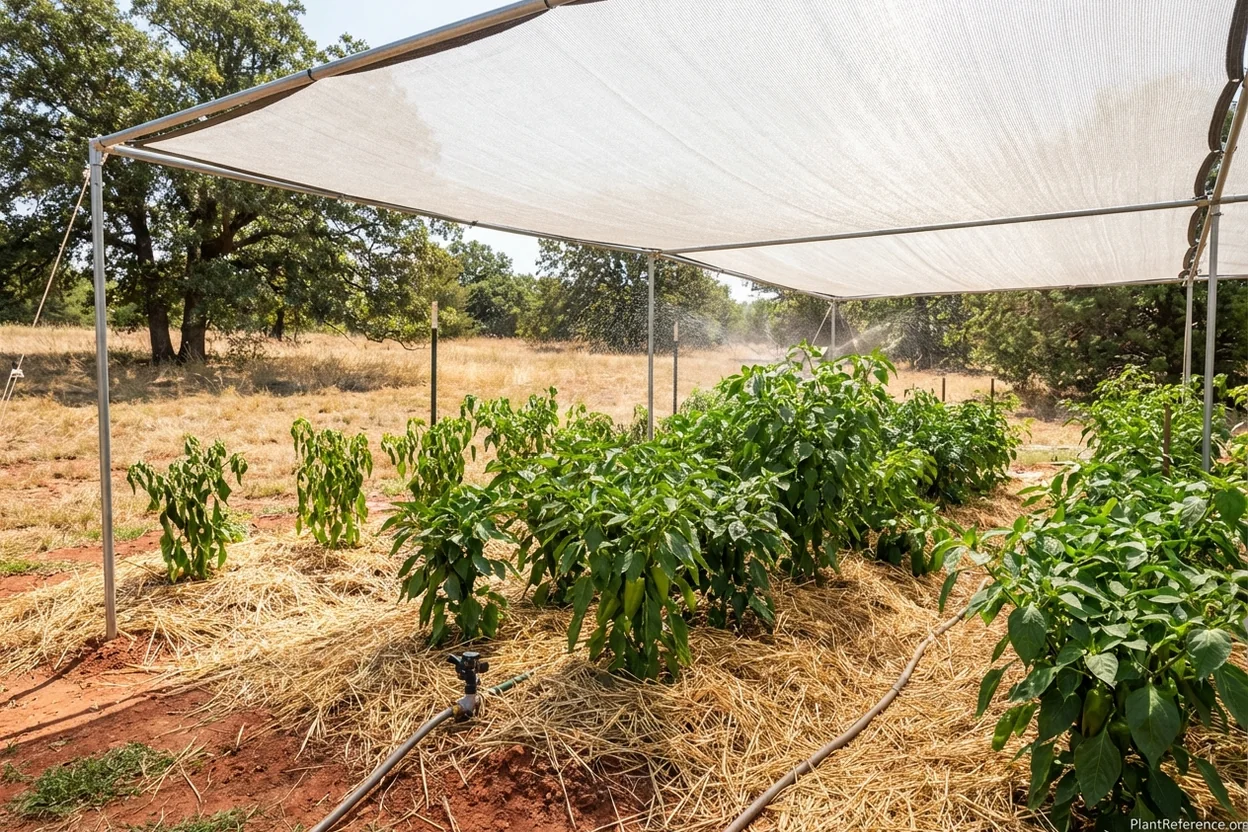 Pepper plants protected with shade cloth during Oklahoma City summer heat wave