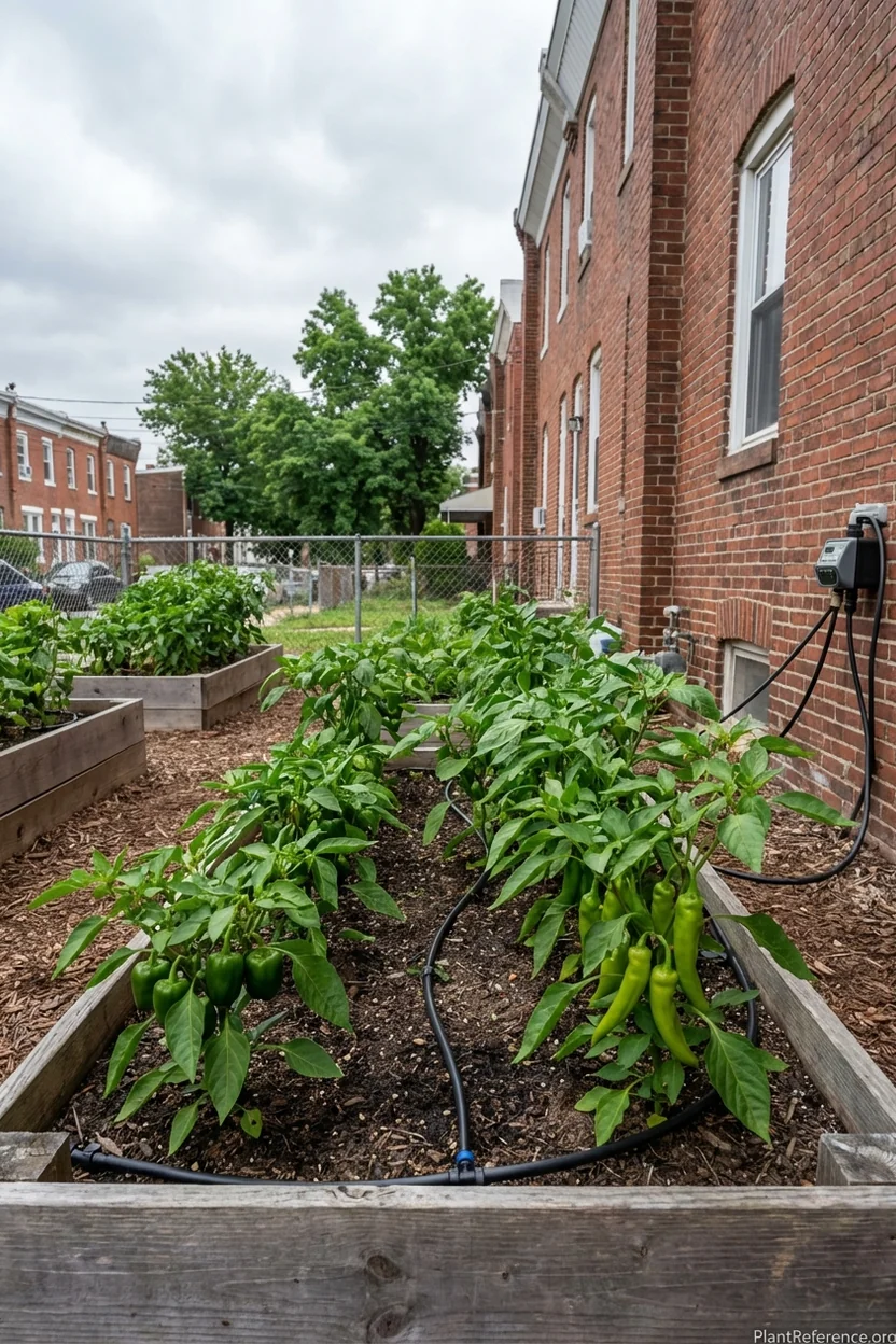Drip irrigation system watering pepper plants in Philadelphia raised bed garden setup