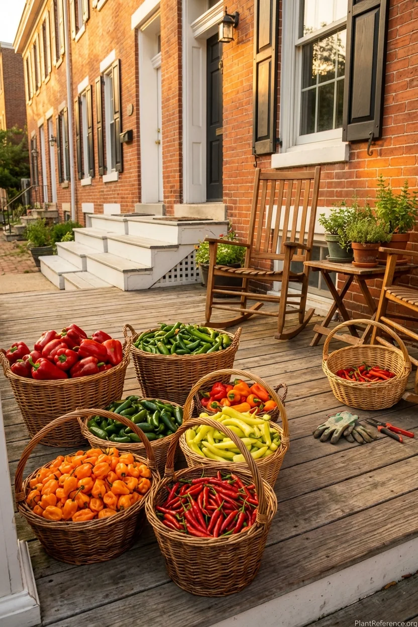 Diverse pepper harvest from Philadelphia Zone 7a garden showing multiple varieties and colors
