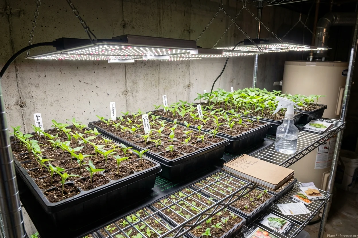 Pepper seedlings started indoors in Philadelphia showing healthy growth under LED lights in February
