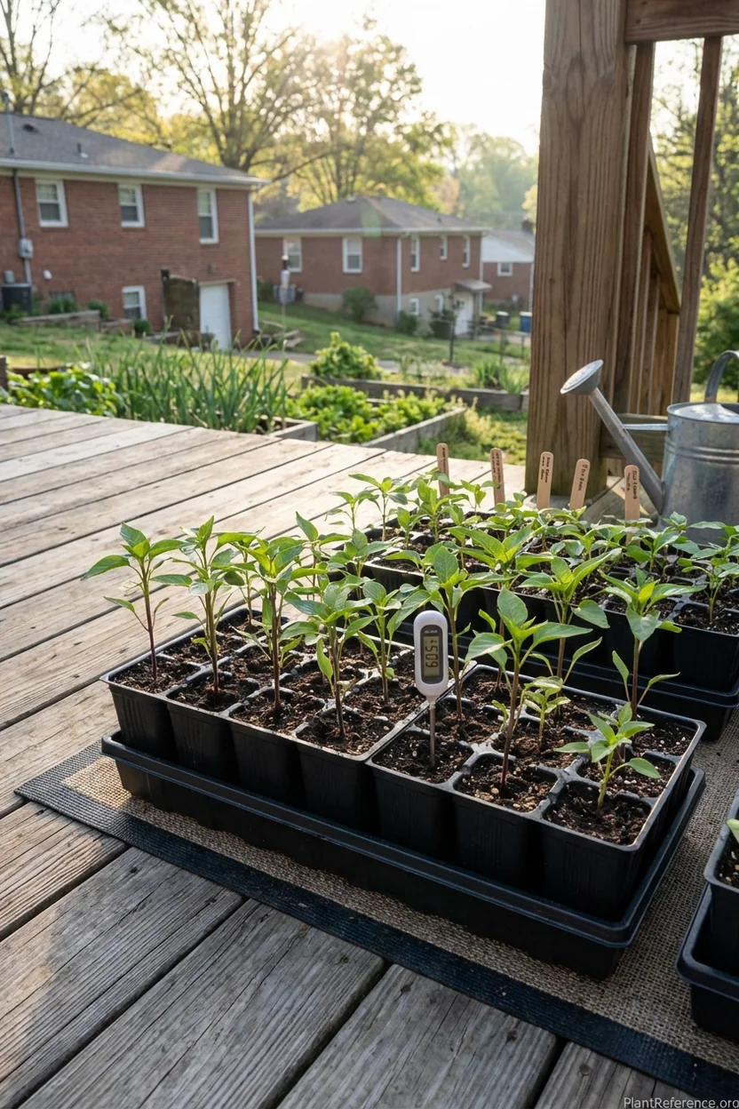 Pepper transplants in trays on patio being hardened off with soil thermometer in Pittsburgh garden