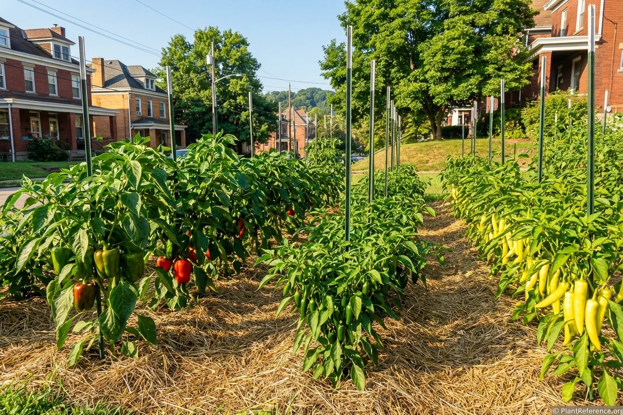 Multiple pepper varieties including bell peppers, jalapeños, and banana peppers growing in Pittsburgh Zone 6b garden