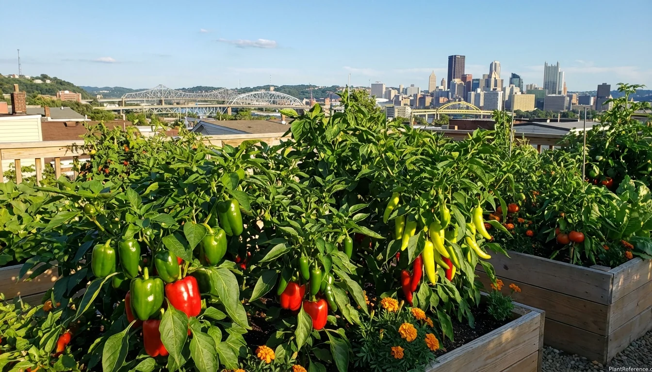 Pepper plants growing in Pittsburgh Zone 6b garden with healthy fruit development