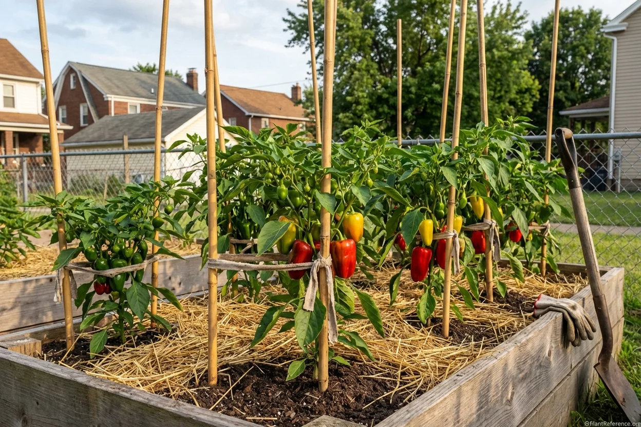 Pepper plants properly staked and mulched in raised bed garden in Pittsburgh Zone 6b