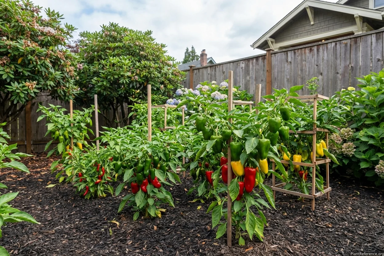 Pepper plants producing well in Portland's moderate Zone 8b summer conditions