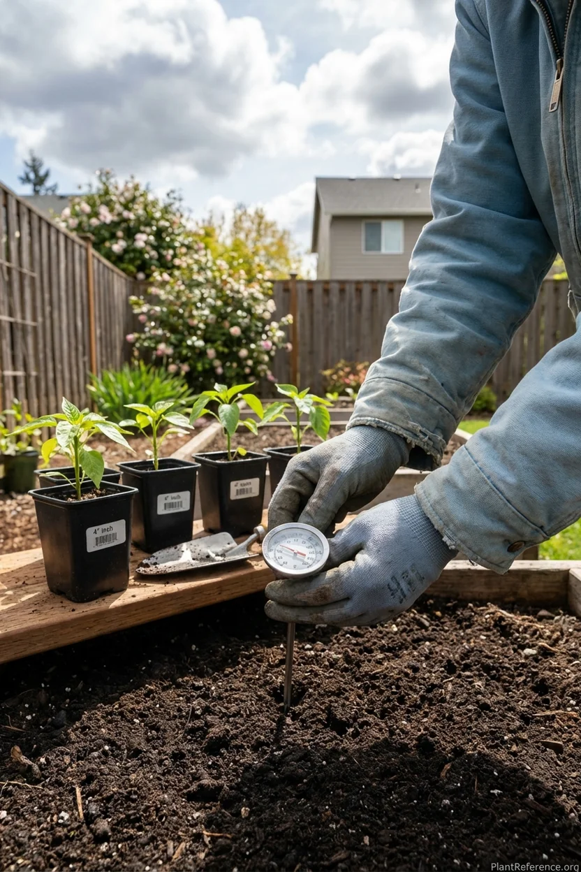 Checking soil temperature before transplanting peppers in Portland Zone 8b garden