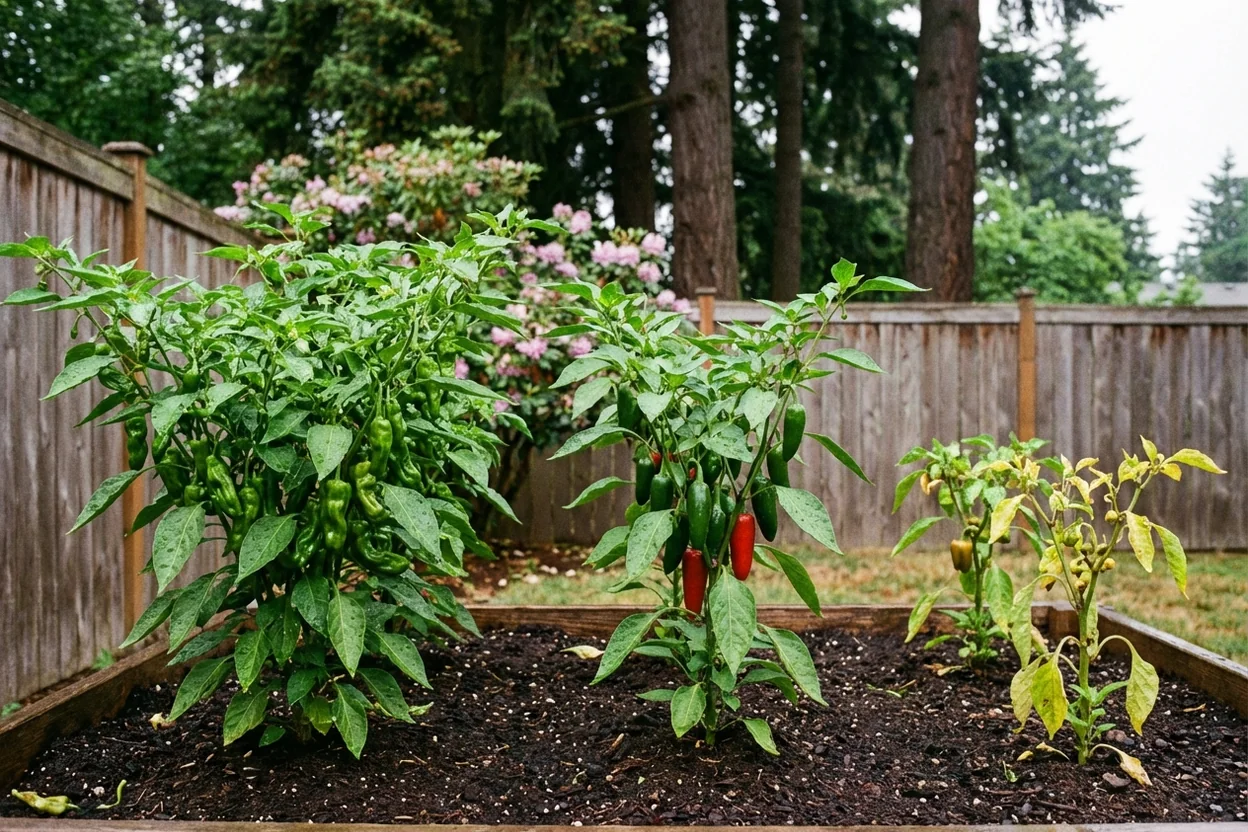 Different pepper varieties growing in Portland showing adaptation to Zone 8b maritime climate