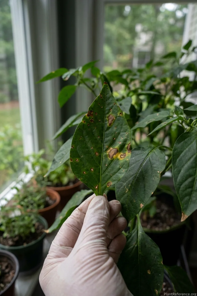 Pepper plant leaves showing bacterial leaf spot disease symptoms in humid Raleigh climate