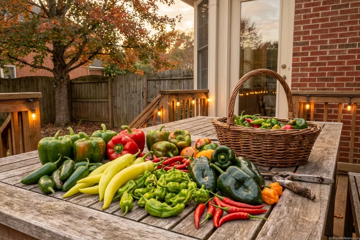 Diverse pepper harvest from successful Raleigh Zone 7b garden showing multiple varieties and colors