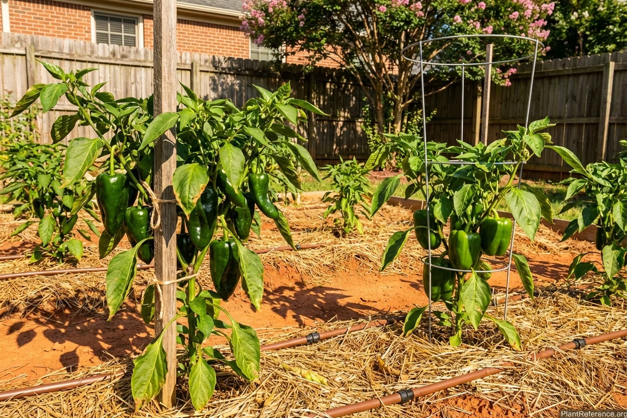 Mature pepper plants with staking support and mulch in Raleigh Zone 7b mid-summer garden