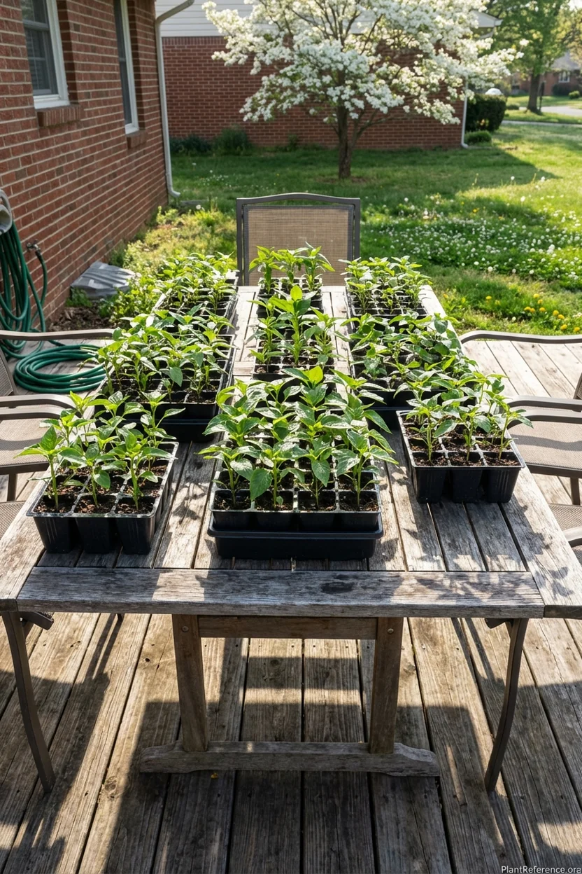 Pepper seedlings being hardened off in Raleigh during April before transplanting in Zone 7b