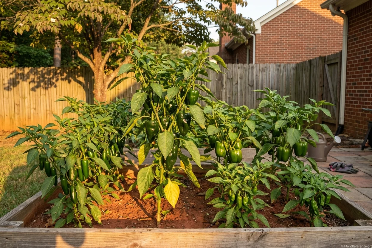 Multiple pepper varieties growing successfully in Raleigh Zone 7b raised bed garden