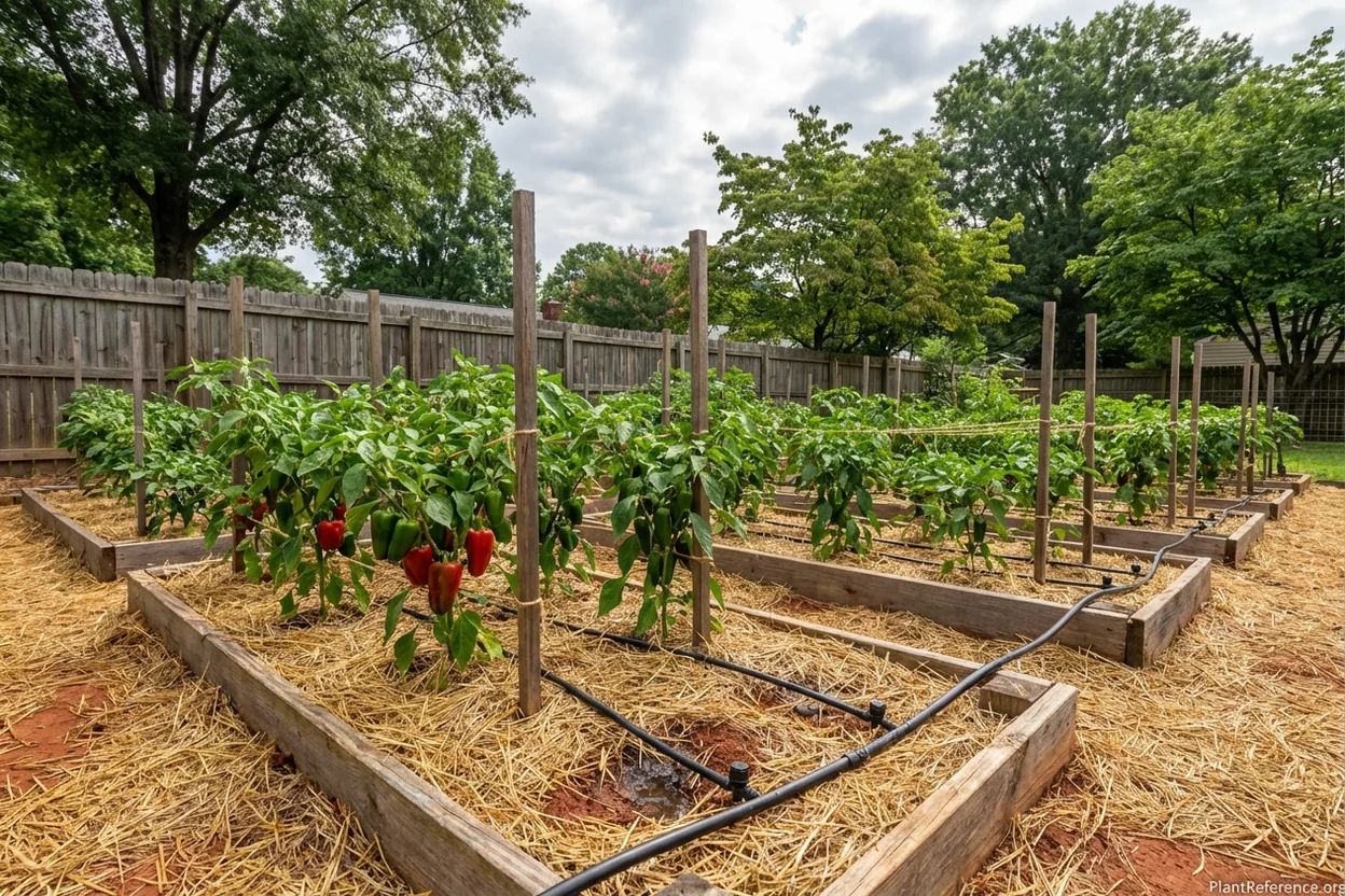 Drip irrigation and mulching system for peppers in Richmond Virginia garden