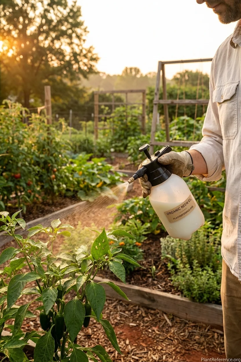 Organic pest control application on pepper plants in Richmond Virginia garden