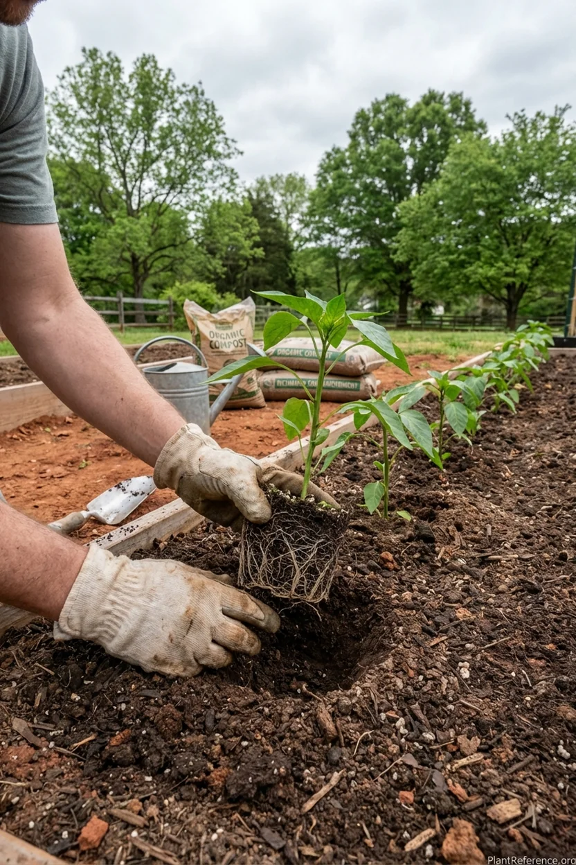 Transplanting pepper seedlings in Richmond Virginia garden with proper spacing