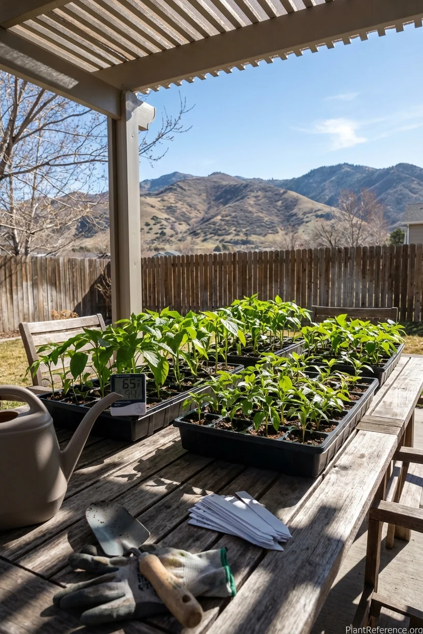 Pepper seedlings hardening off process in Salt Lake City with temperature monitoring