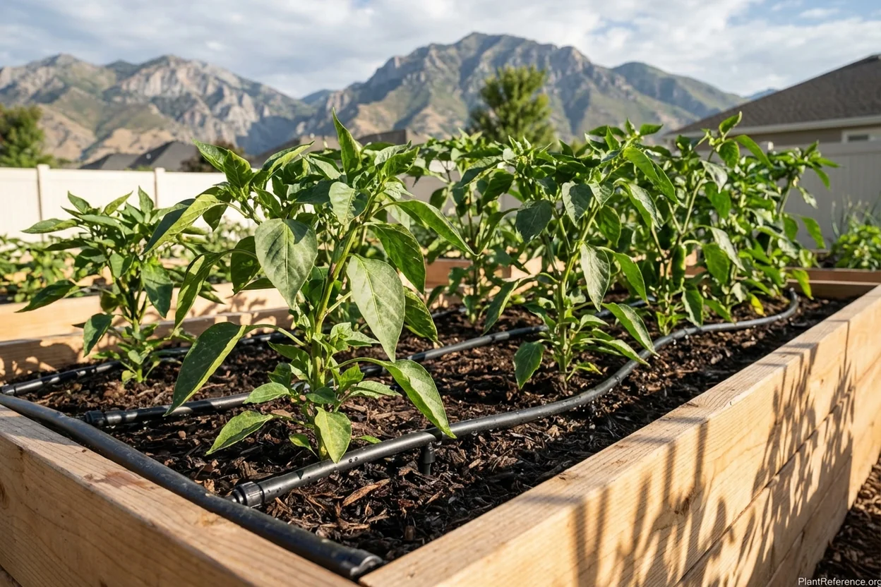Drip irrigation efficiently watering peppers in Salt Lake City's arid climate
