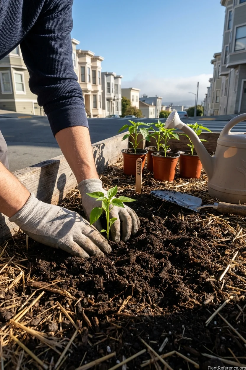 Pepper seedlings being planted in San Francisco garden in March showing proper Zone 10a spring timing