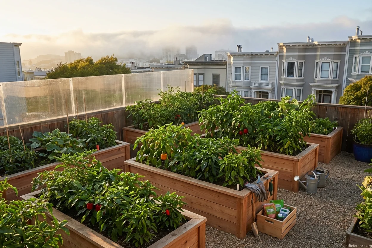Raised bed pepper garden in San Francisco showing optimal growing setup for Zone 10a conditions