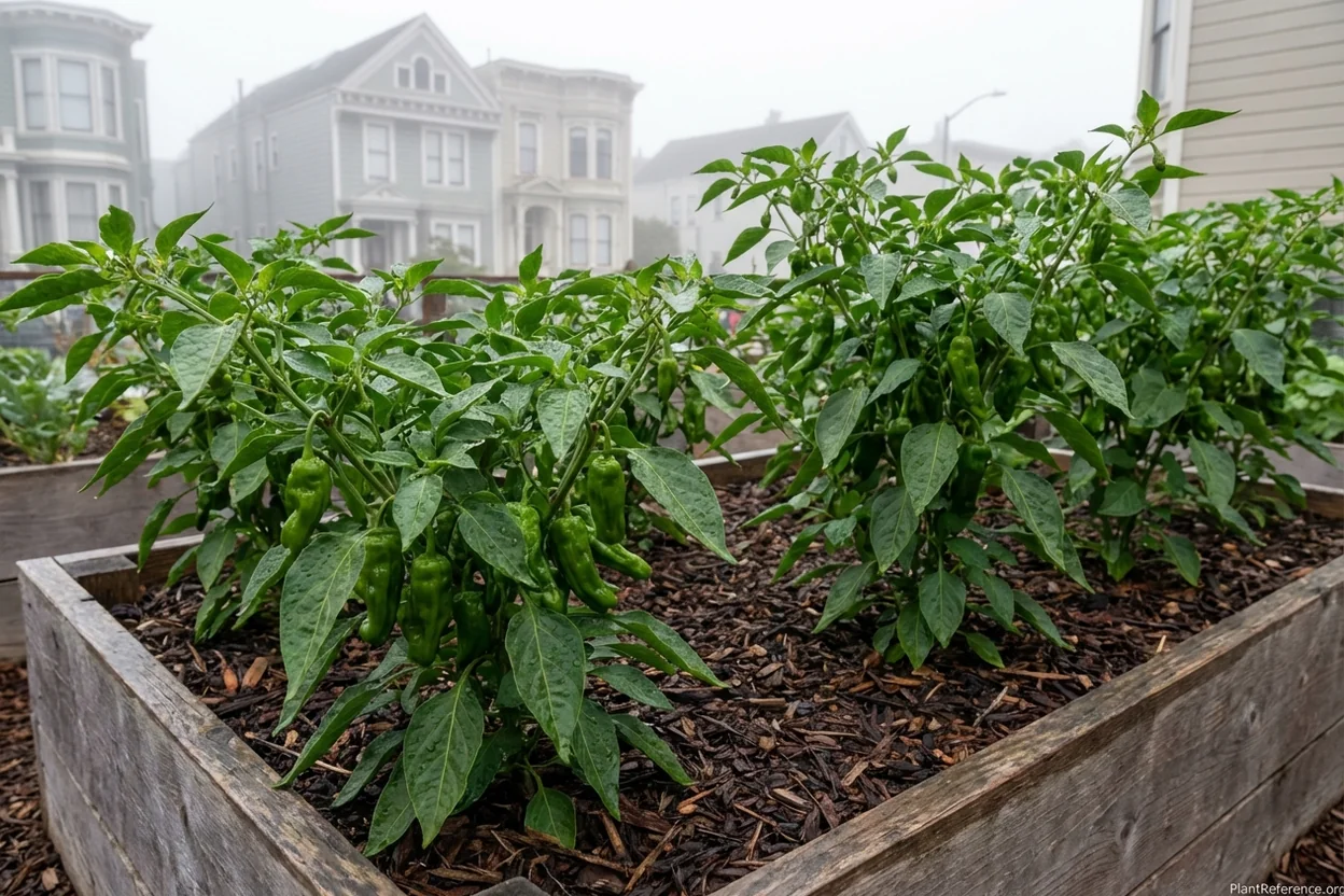 Shishito pepper plants growing well in San Francisco's foggy conditions showing adaptation to Zone 10a climate