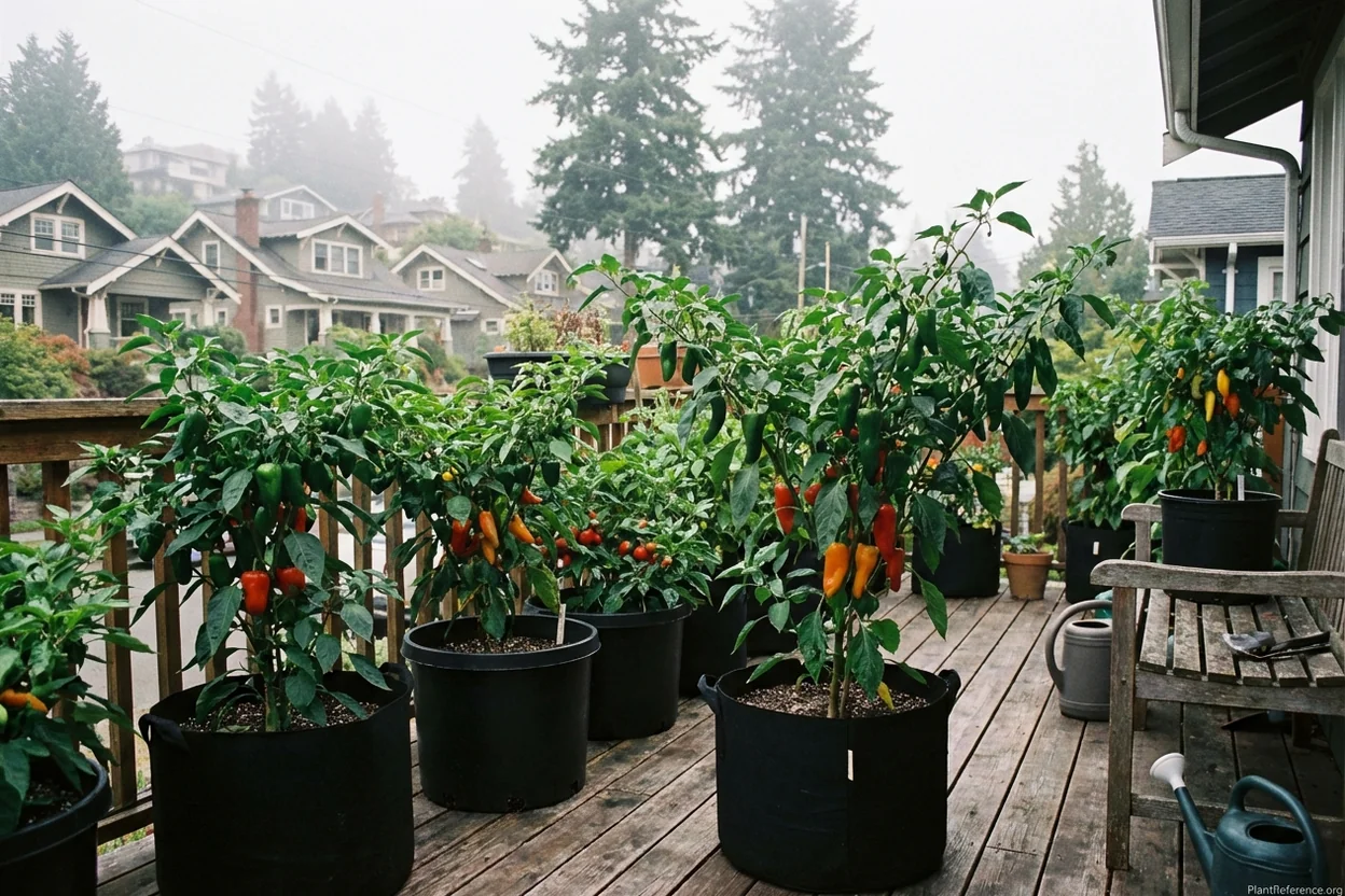 Container pepper growing in Seattle showing black pots for heat absorption