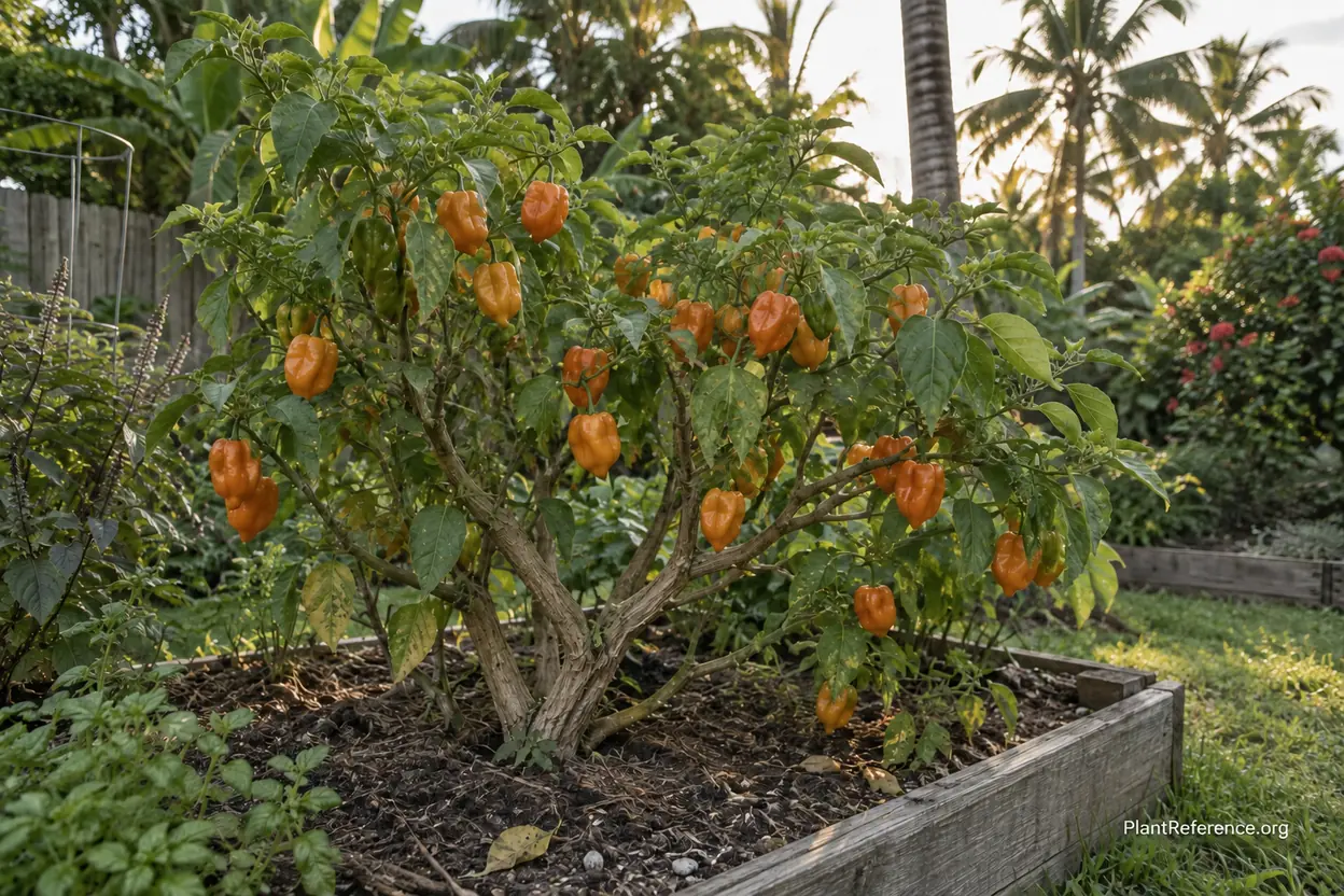 Mature Habanero pepper plant growing year-round as perennial in Miami garden