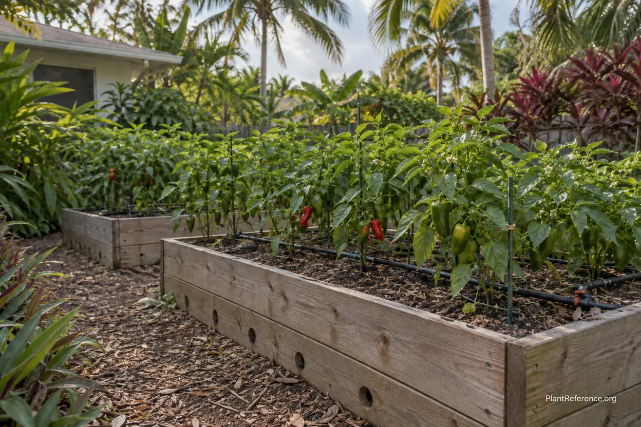 Pepper plants in raised beds with drainage in Miami tropical garden setting