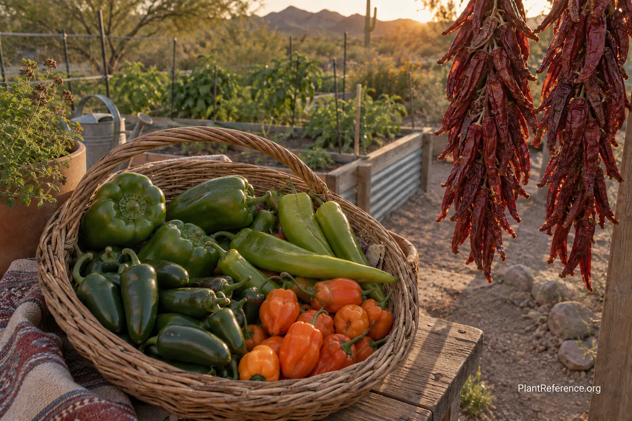 Colorful pepper harvest from Phoenix Zone 9b garden with dried Cayenne strings