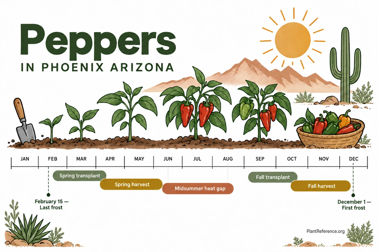 Phoenix pepper planting calendar showing spring and fall waves with midsummer heat gap
